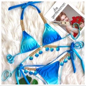 NWT Ombré BoHo Chic Seashell Rhinestone Bling Chain Scrunch Butt Bikini